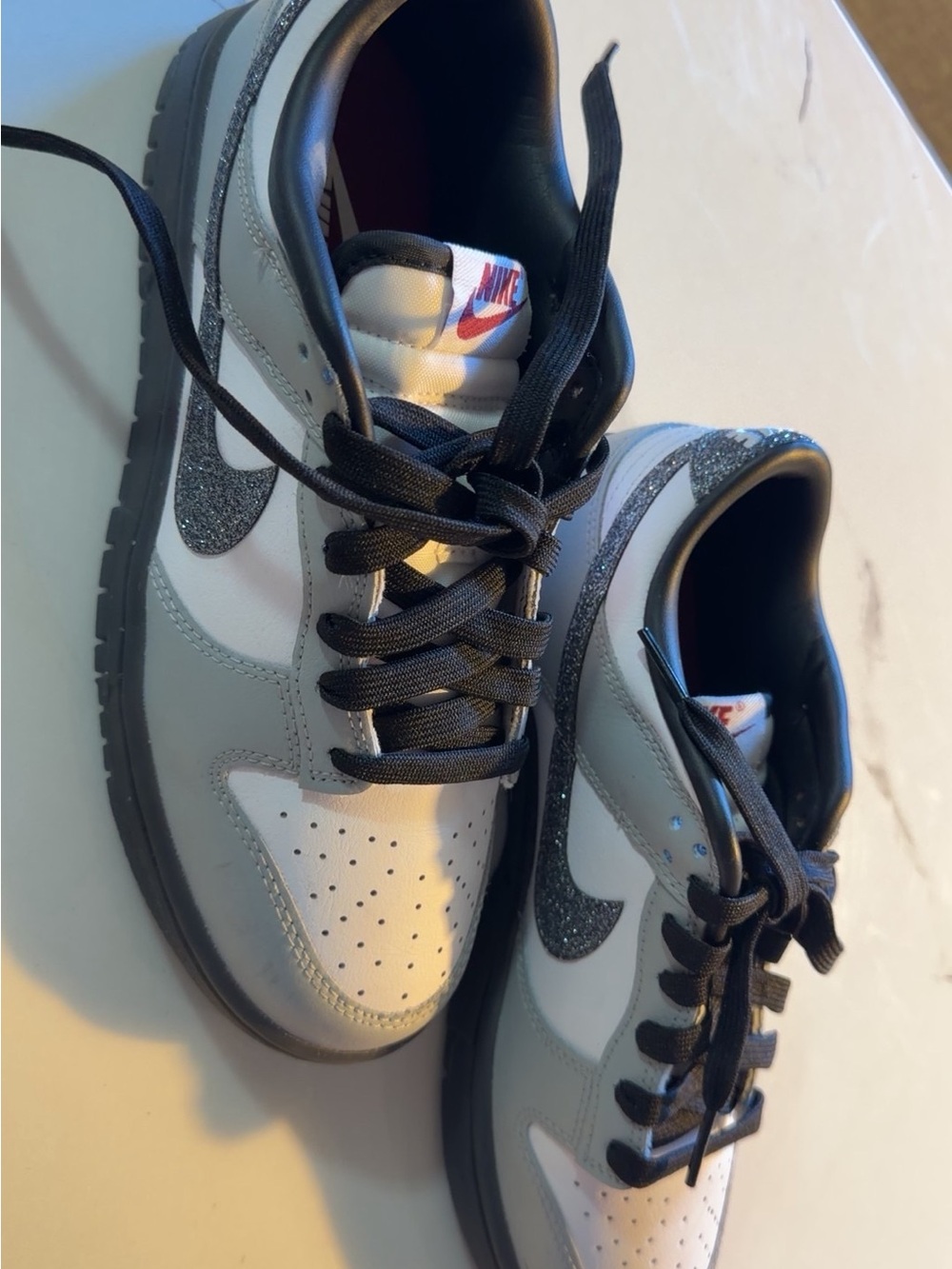 Nike Gray, White and Black Low-Top Sneakers with Glitter Swoosh